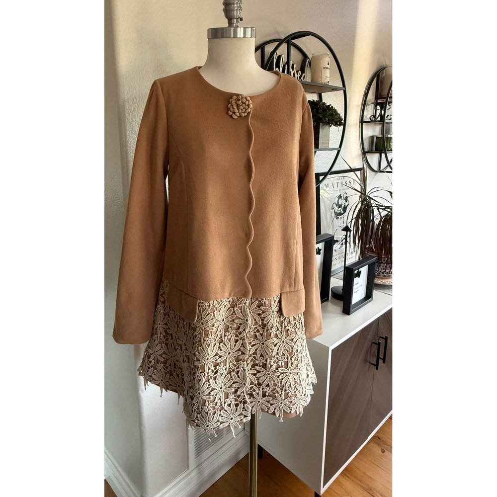 Anthropologie a'reve M‎ Tan Pea Coat Crochet Lace Trim Button Detail Romantic